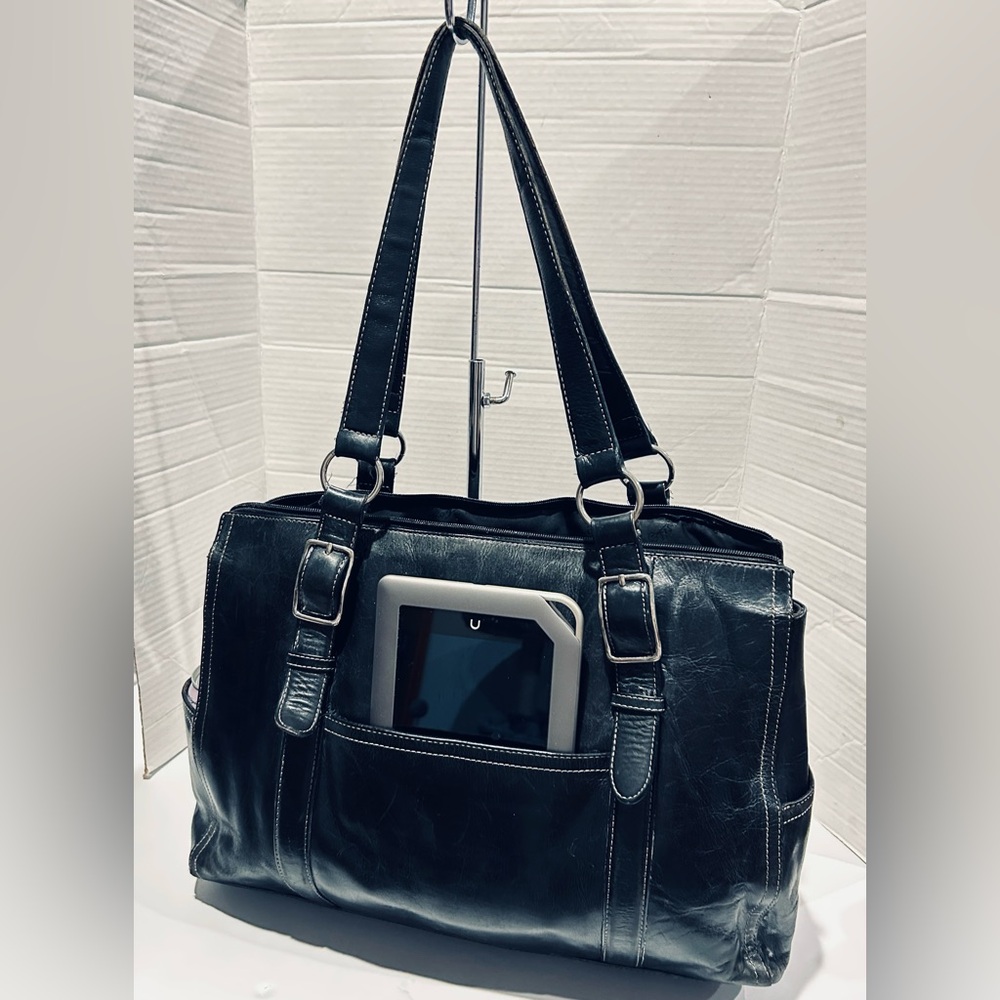 Fossil Black Leather Laptop Tote Bag